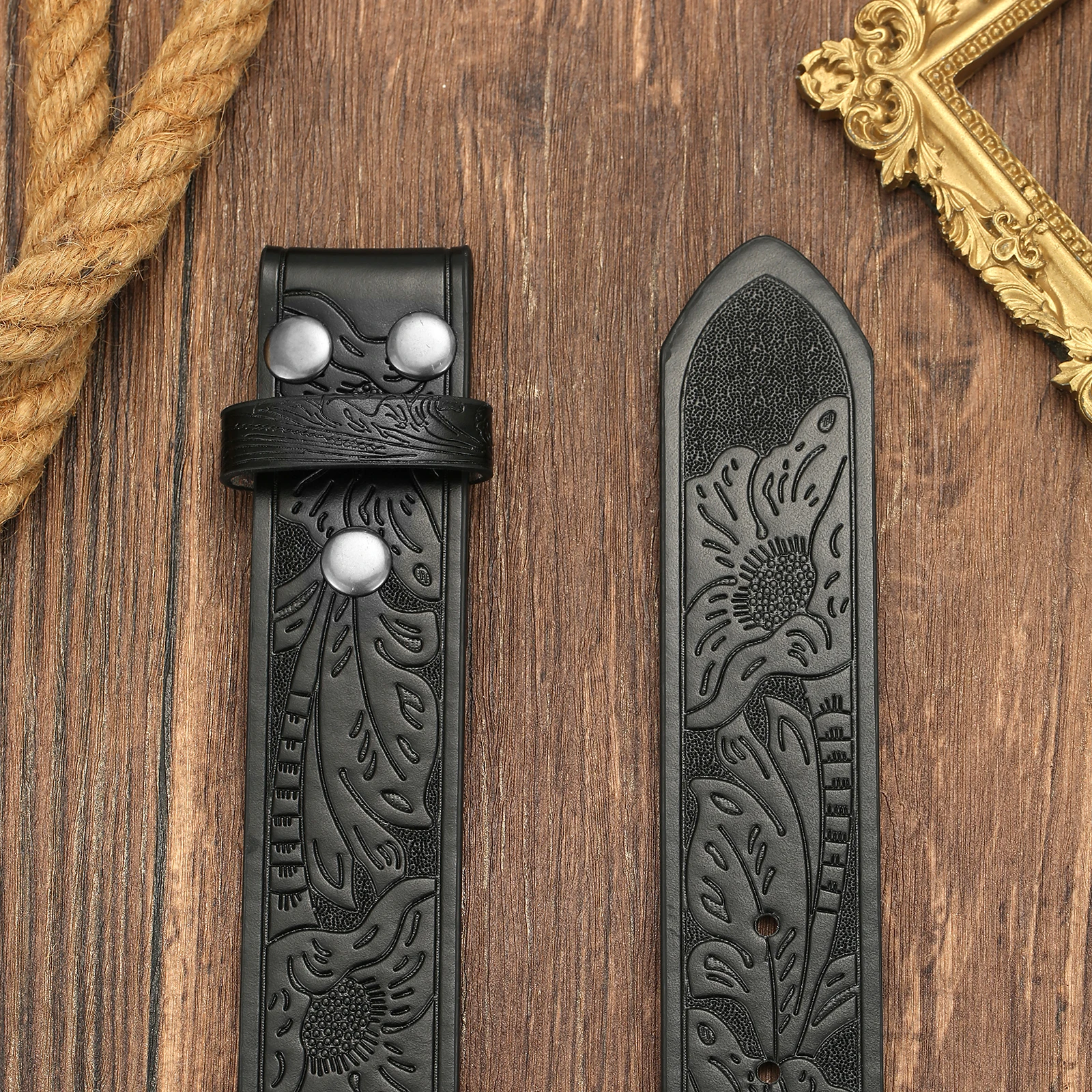 Herren Western-Gürtel mit geprägtem Muster, Blanko-Gurtband ohne Schnalle, Retro Cowboy PU-Leder Ersatzgürtel – Detail 6