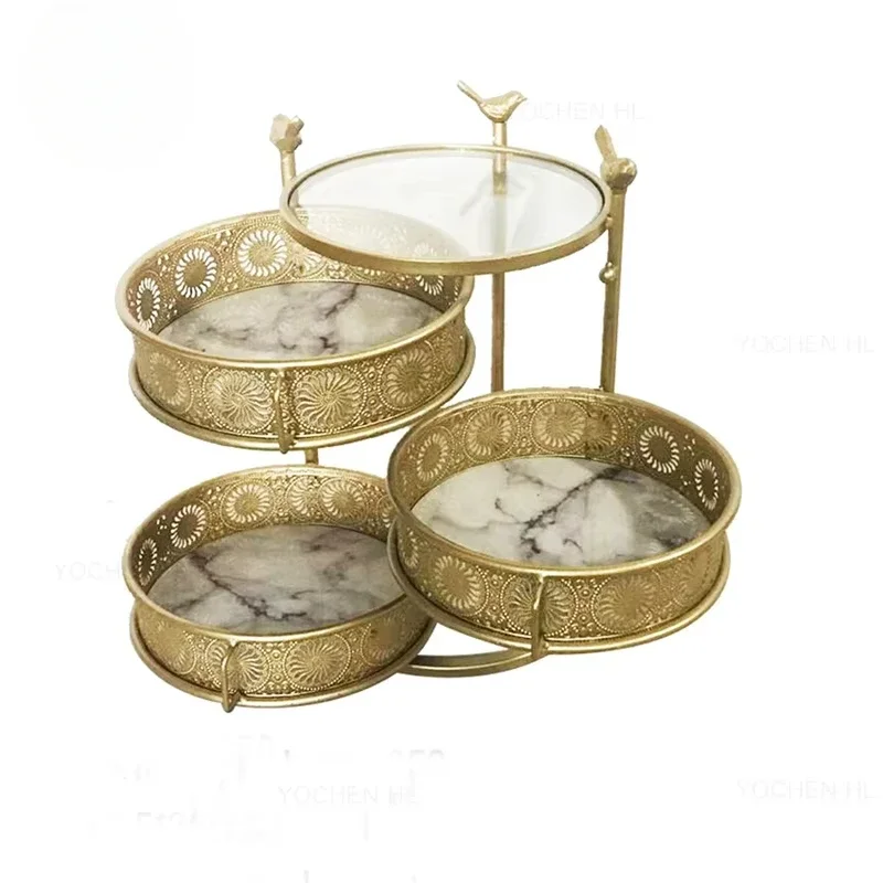 Luxury 3-Tier Chinese Contractile Gold Marble Dessert Stand Modern Iron Serving Tray Decorative Made Steel Aluminum Brass Food