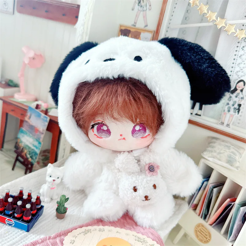 20cm Cartoon Girls Plush Cotton Doll With Fluffy White Puppy Suit with Bunny Bag Kawaii No Attribute Dolls Clothes Accessory Toy