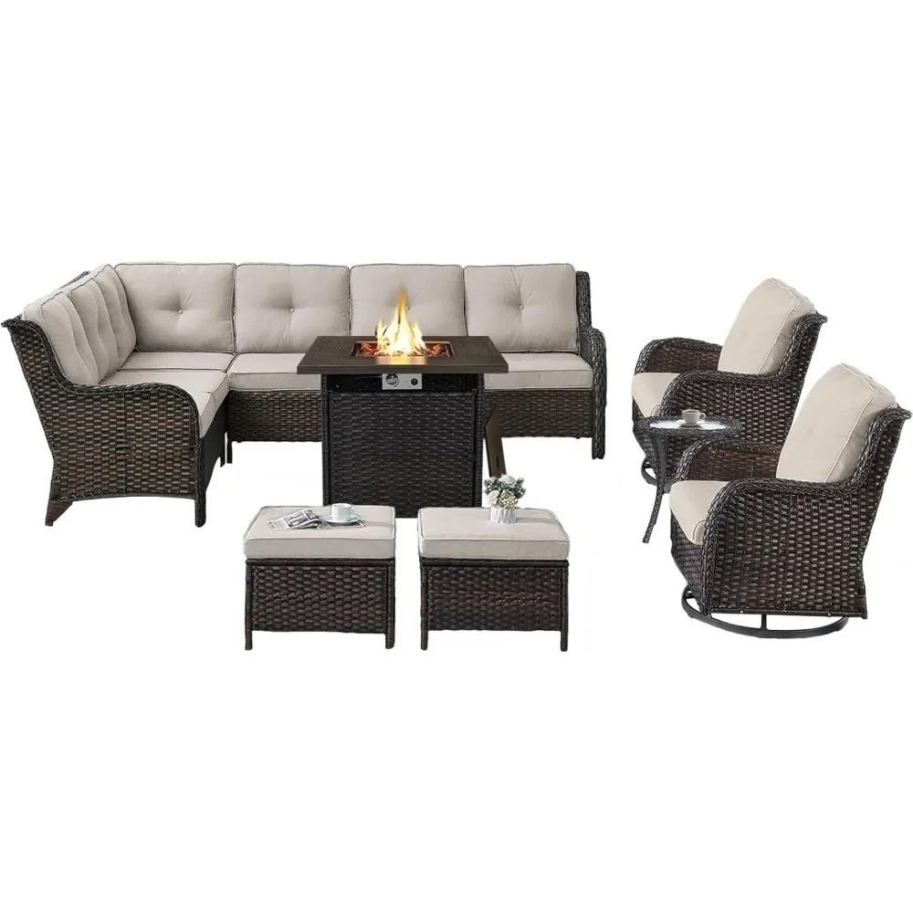 

Outdoor Sectional Furniture Sofa Set with Propane Fire Pit, Wicker Patio Conversation Set with 2 Swivel Rocker Glider Chairs