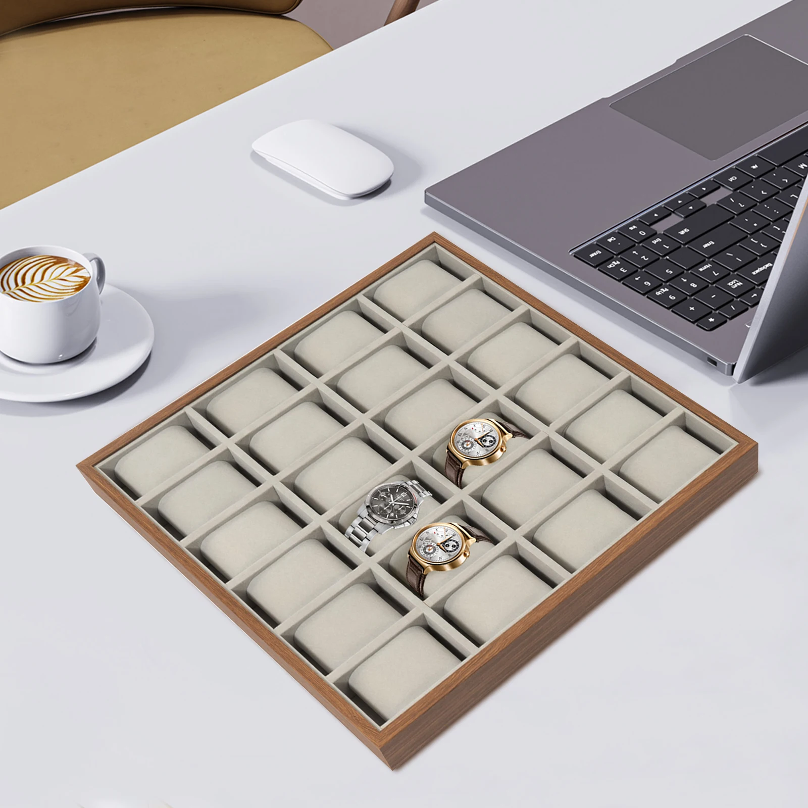 Tablero de densidad de nogal gris, 40x33x4,5 cm, 24 cajas de reloj, soporte de exhibición semiabierto, caja de almacenamiento de almohada de reloj desmontable