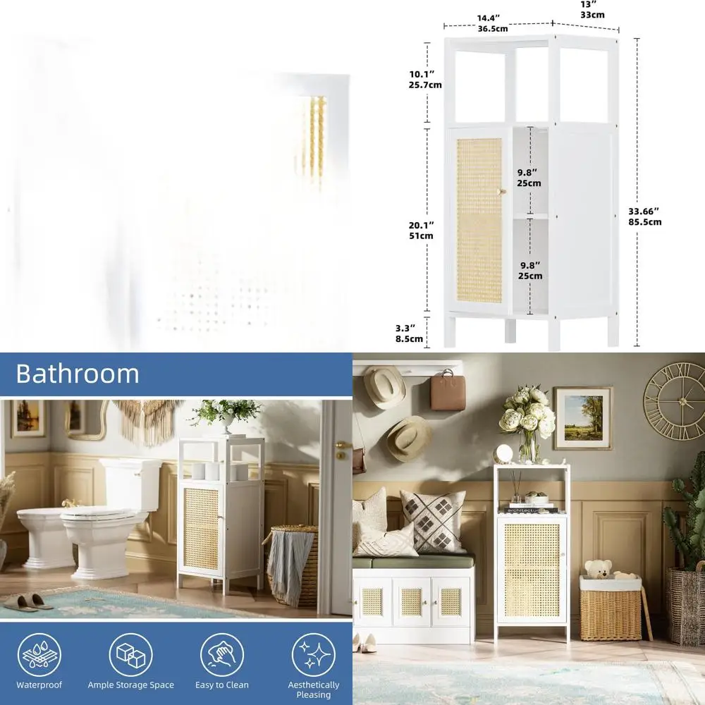 

White Freestanding Bamboo Bathroom Storage Cabinet with Rattan Doors, Slim Floor Cupboard Organizer for Small Spaces
