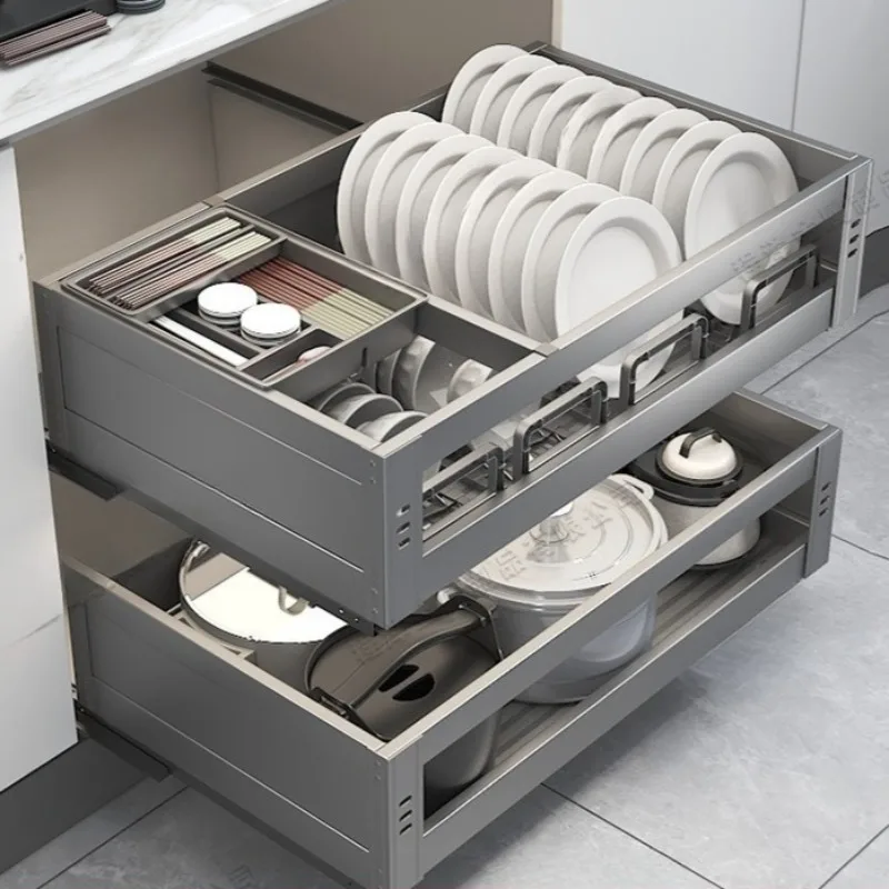 

Выдвижной органайзер для кухонного шкафа, полка для посуды с выдвижным ящиком из нержавеющей стали и регулируемой перегородкой для тарелок, мисок, столовых приборов