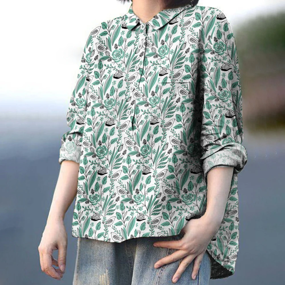 

Botanical Prints Tops Nature-Inspired Shirt Leafy Blouse Nature's Art Outfit Women’s Causal Wears with Classic Button-Up