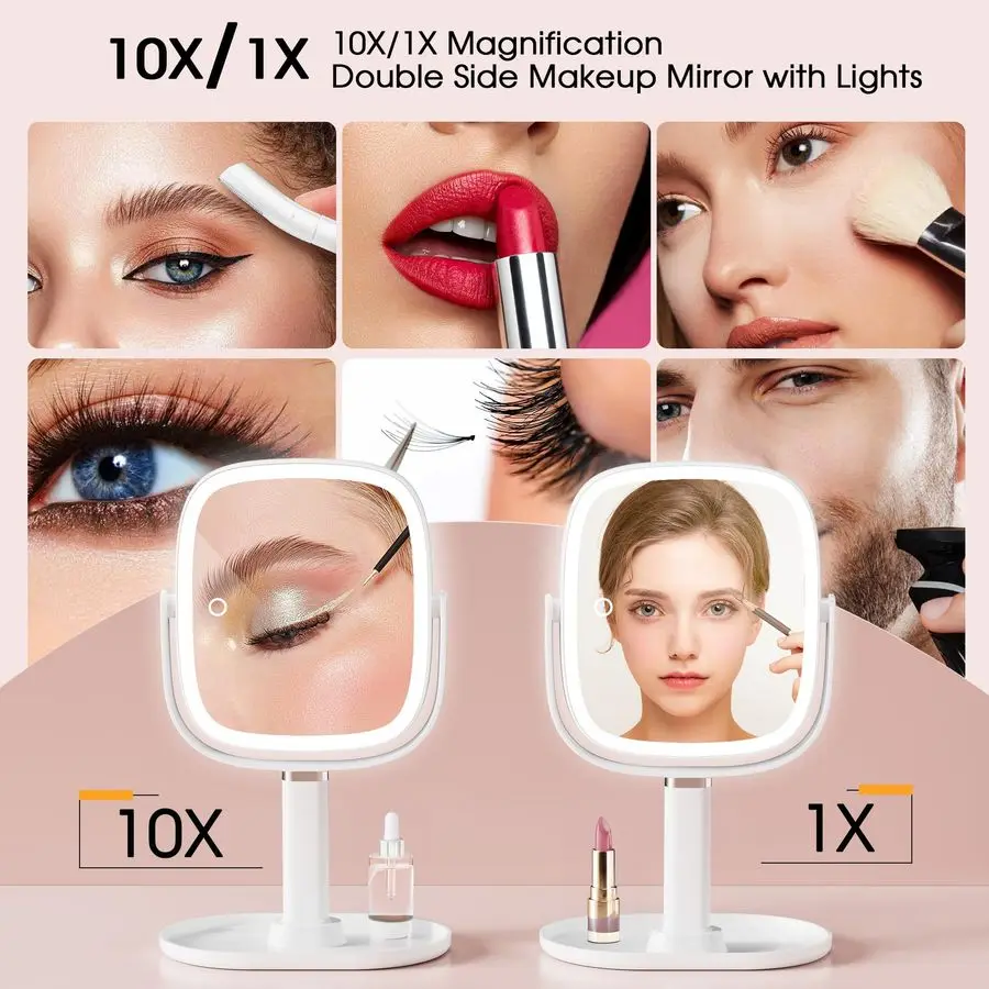 กระจกพร้อมไฟ 10x 1x กระจกขยายพร้อมไฟ กระจกตั้งโต๊ะแบบชาร์จไฟได้พร้อมไฟ 3 สีและฟังก์ชันหน่วยความจำ 360 A