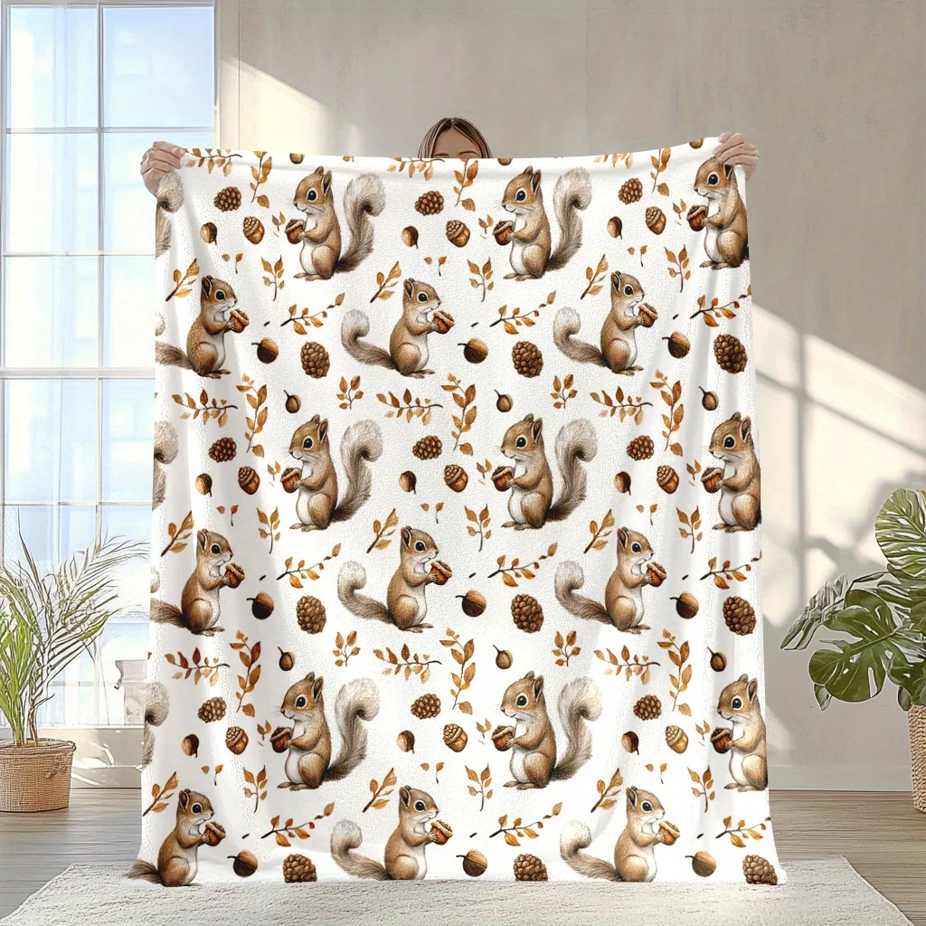 Cozy Squirrel & Pinecone Flannel Blanket – Soft, Warm, and Adorable Forest-Themed Design with Acorns and Leaves