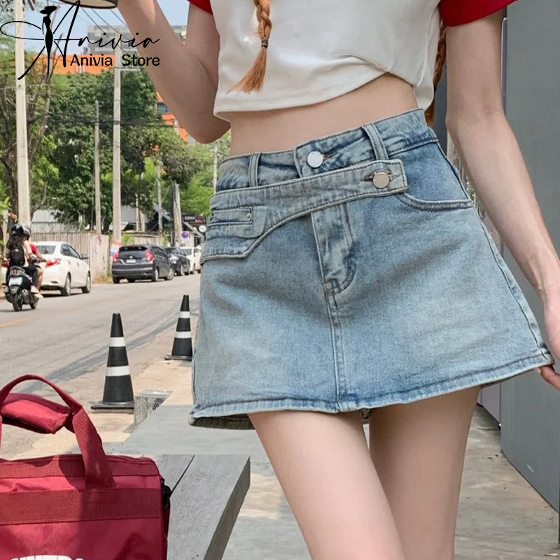 

Women's Summer Korean Retro High Waist Denim Skirt Cute and Sweet Lining Fashion Casual A-line High Street Y2K Pleated Skirt New