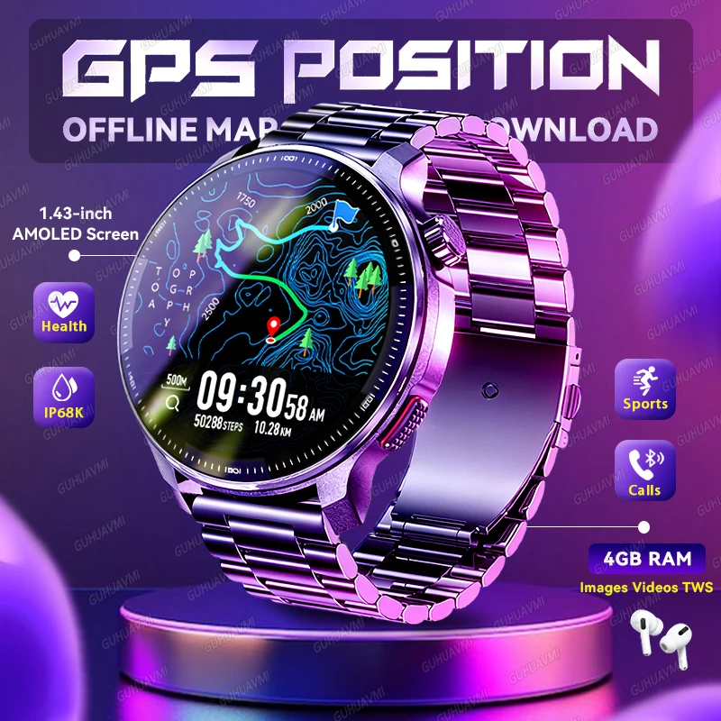 

New Military Buit-in GPS Sports Smart Watch Offline Map 1.43" AMOLED Screen IP69K Swim 4GB Memory MP3 Bluetooth Call Smartwatchs