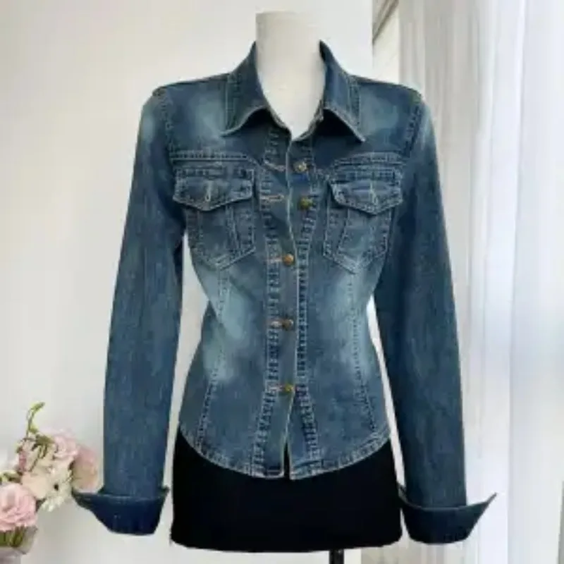 

Women's Vintage American Style Slim Fit Waist Cinched Denim Shirt Long Sleeve Casual Button Down Top