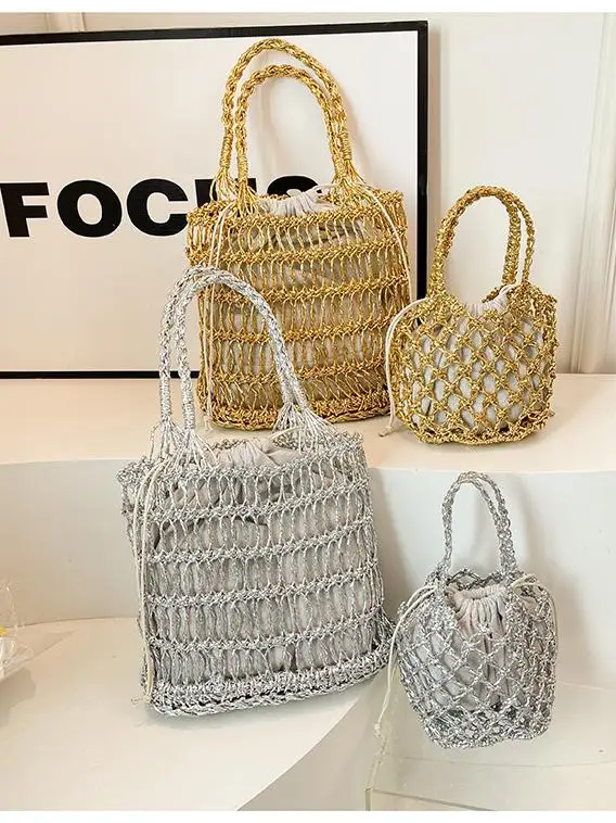 Shiny Gold Silver Hollow Hook Weaving Basket Bag Beach Handbag Women's Soft Bucket Bag Korean Sle Double Handle Shoulder Bag