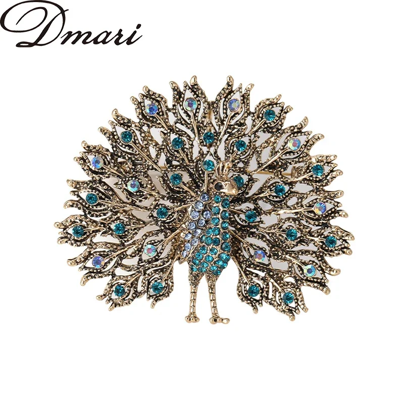 Dmari Luxury Jewelry Vintage Rhinestone Peacock Lapel Pins 4-color Birds Badge Office Party Women Brooches Trendy Accessories