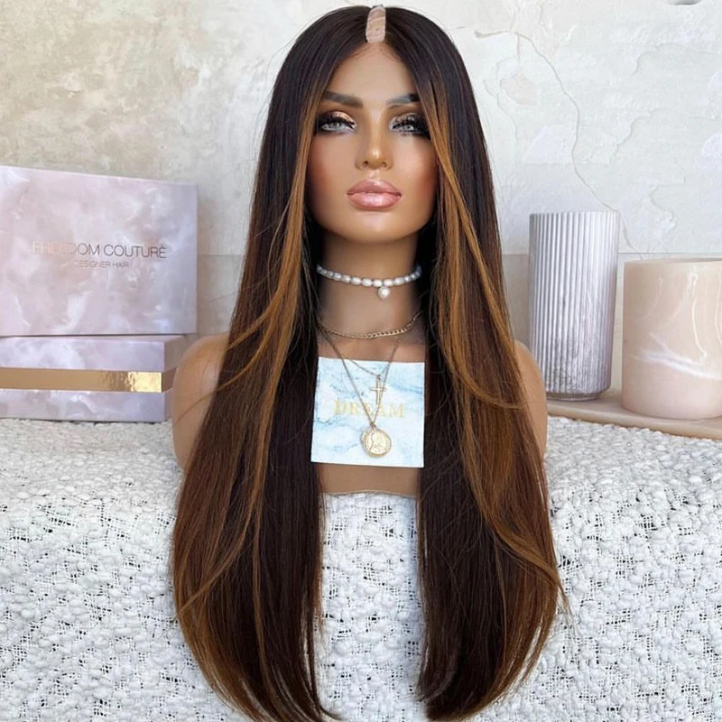 Straight Ombre Orange Brown 1x4 Opening U Part Human Hair Wigs Black Roots Middle/Left/Right U Shaped V Part Wigs for Women