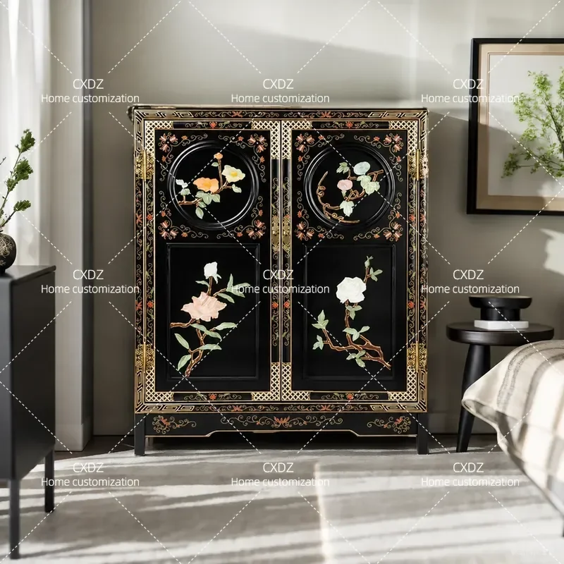 New Chinese Style Black Lacquer Small Cabinet Traditional Classical Antique Customized Furniture Entrance Hallway Storage