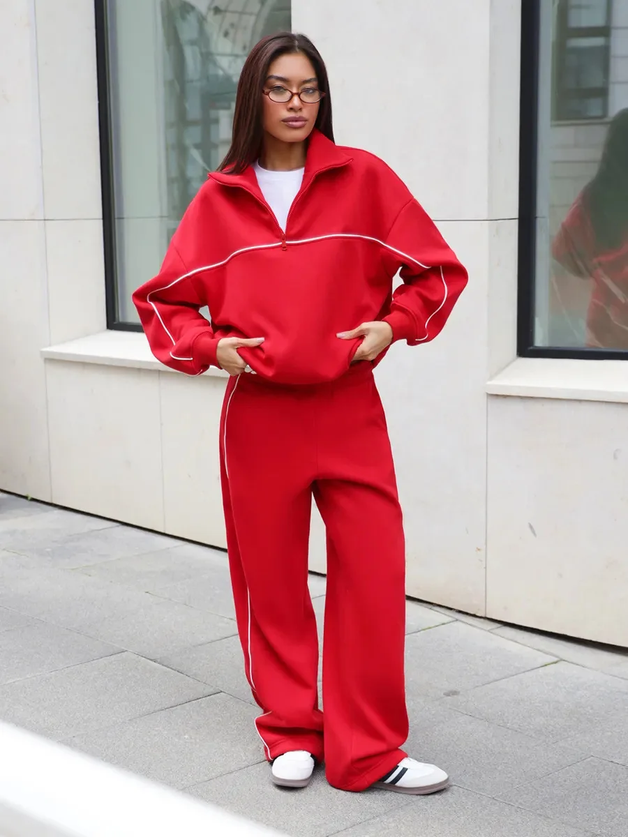 

Повседневный женский спортивный костюм с длинным рукавом: однотонное худи и эластичные брюки, комплект из двух предметов, удобный, дышащий, трикотажный, ПВХ