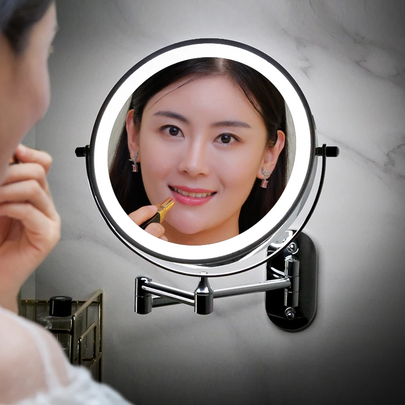 

Bathroom makeup mirror LED non perforated wall mounted foldable mirror with light, hotel bathroom retractable double-sided