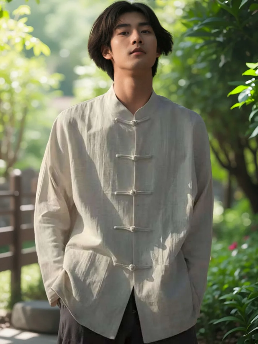 

Новый мужской длинный костюм-танг в ретро-стиле с воротником-стойкой, на пуговицах, из льна, в китайском стиле, для весны и осени