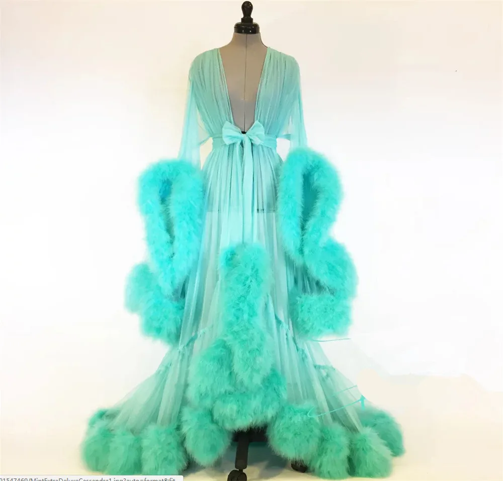 Women\'s Medieval Vintage Semitransparent Bridal Gowns Feather Wedding Robe Tulle Fantasy Furry Edge Fairy Outwear Costume Dress