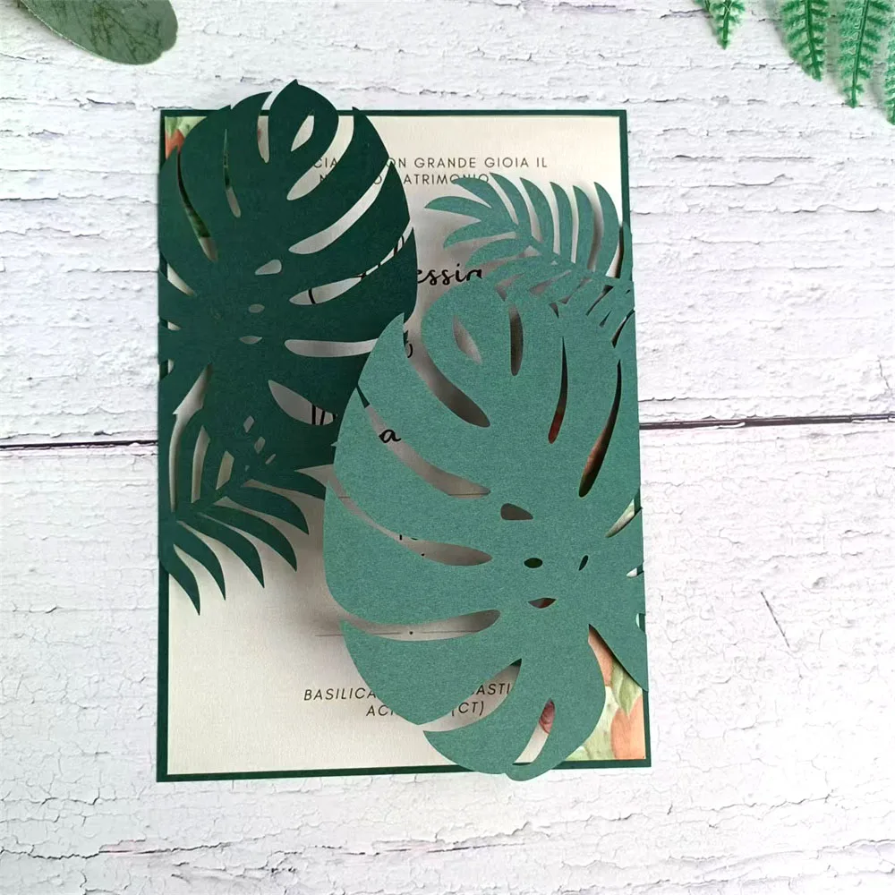 Green Matte Palm Laser Cut Invitation Card Tropical Scene Wedding Card Customized Printing 50pcs