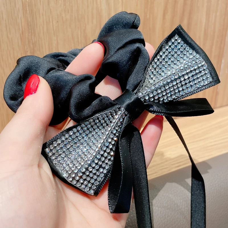 New Bling Crystal strass Bow Scrunchies cravatte per capelli per le donne Girl Hair Bands Streamers Ponytail Holder accessori per capelli