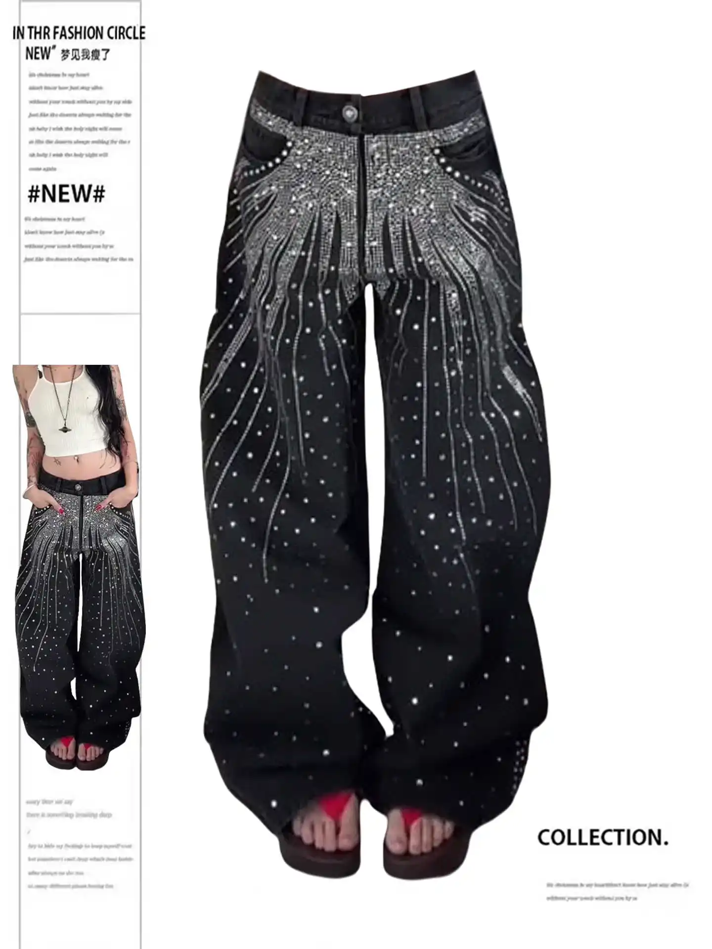

Women Black Goth Y2k Emo Jeans Harajuku Vintage Baggy Denim Trousers Japanese 2000s Style Grunge Rhinestone Jeans Pants Clothes
