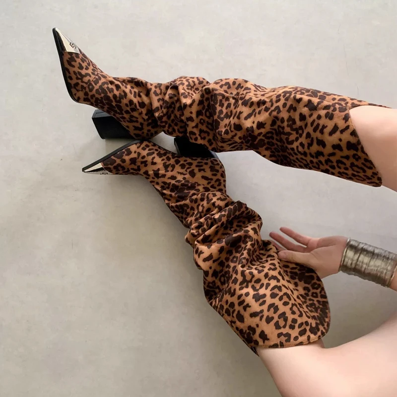 ZAROY Punk Metal Pointed Toe Knee High Boots Women Winter Retro Leopard Print Square Low Heels Pleated Western Cowboy Long Botas image 5