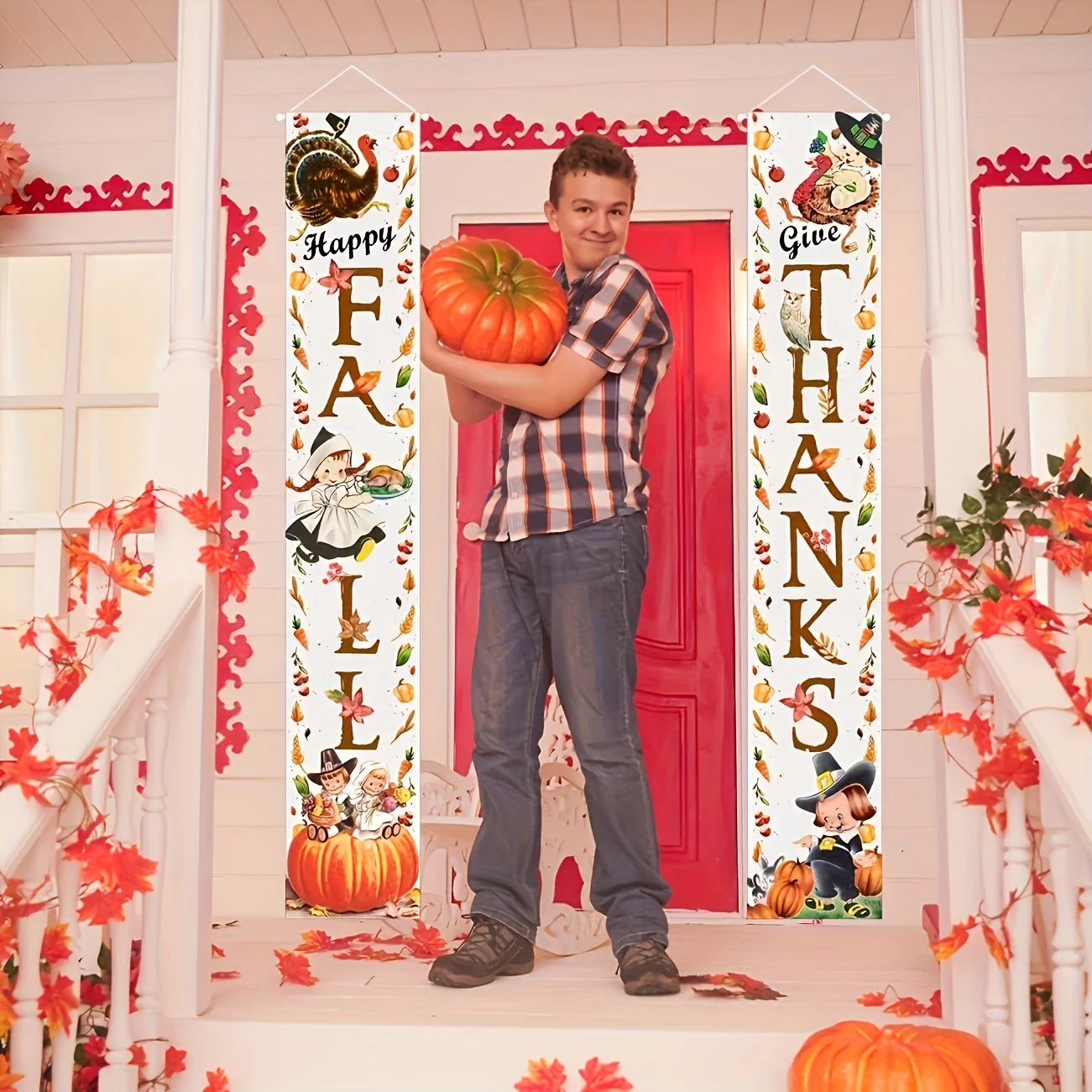 Thanksgiving Decorations Vintage Give Thanks Fall Porch Sign Banner Autumn Harvest Front Door Hanging Banner with Turkey Pumpkin