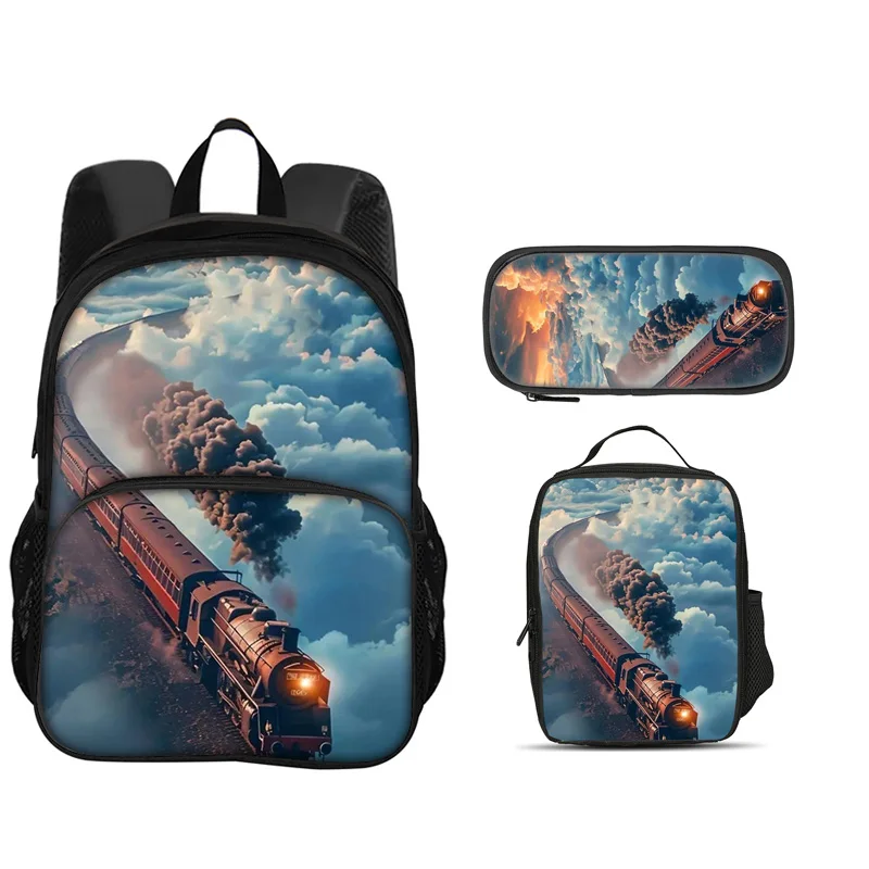 Train round front bag, backpack pencil case ice pack 3Pcs set large capacity lightweight printed best companion for boy and girl