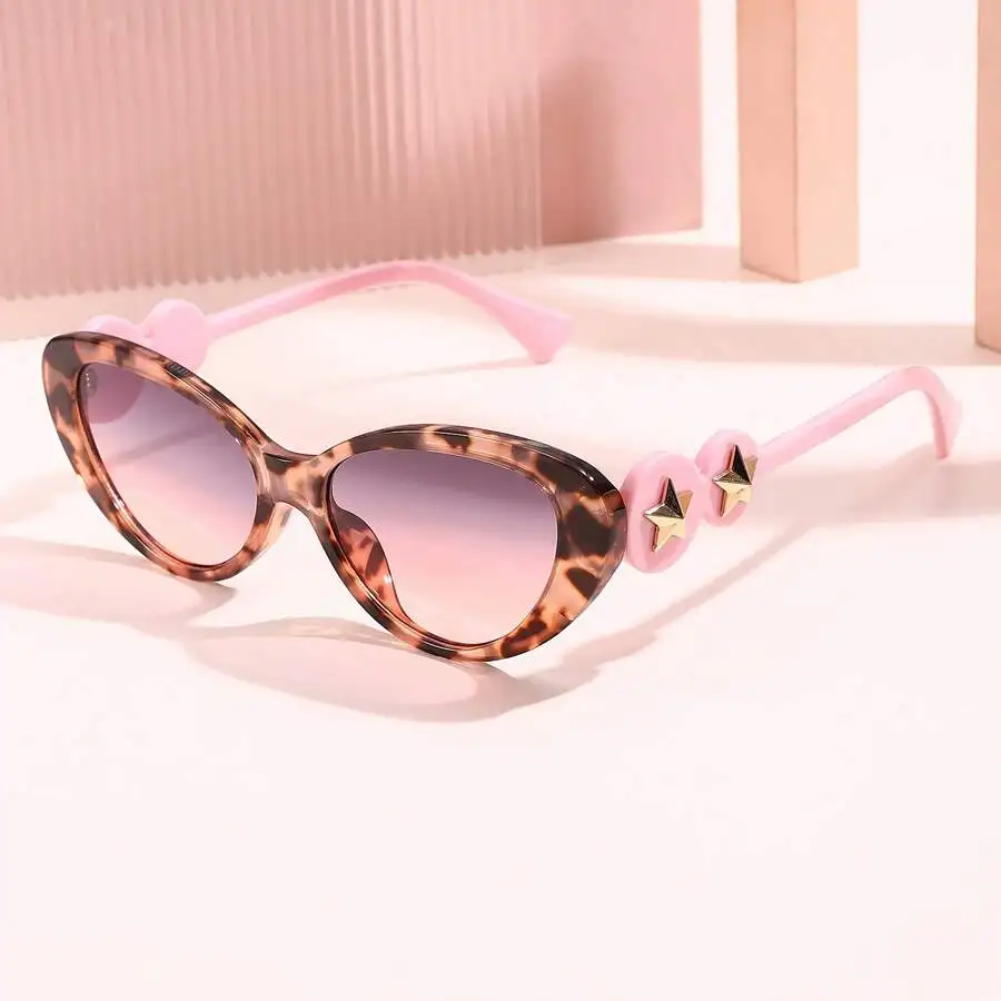 1 Pair Of Vintage Round Cat-Eye Women's Glasses – The Temple Joints Are Adorned With Delicate Gold Star Decorations, Featuring