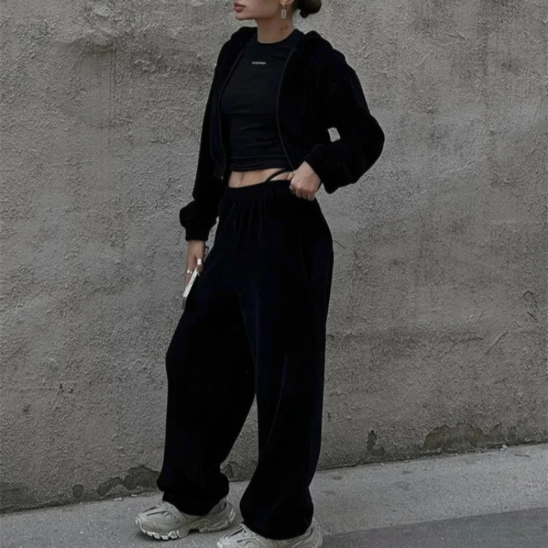 

Повседневный удобный однотонный комплект, женский европейско-американский осенний уличный кардиган с длинными рукавами и капюшоном, эластичные длинные брюки, комплект из двух предметов