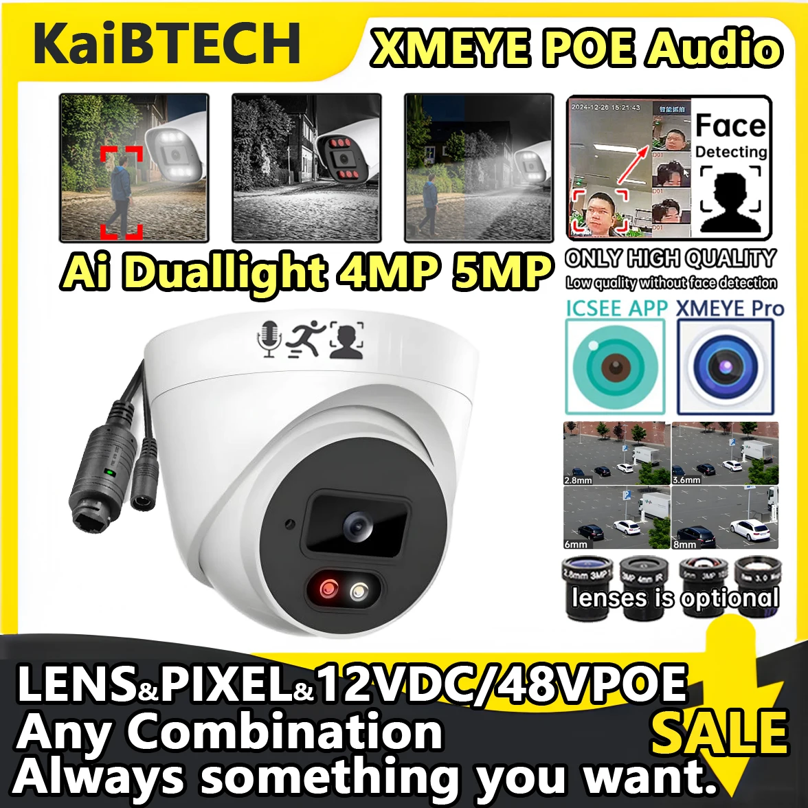 

Внутренняя купольная IP-камера POE 5MP/4MP — приложение XMEYE Pro/ICSEE, совместимое с распознаванием лиц AI, полноцветным ночным видением, двойным режимом Wh