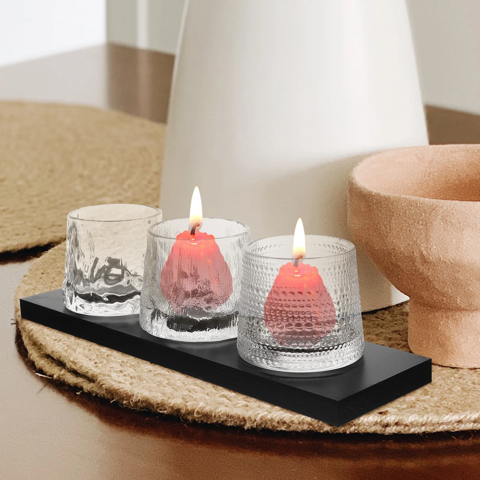 

3pcs Crystal Glass Candlestick Wood Glass Holder for Home Party Banquet Bedroom Living Room Decoration