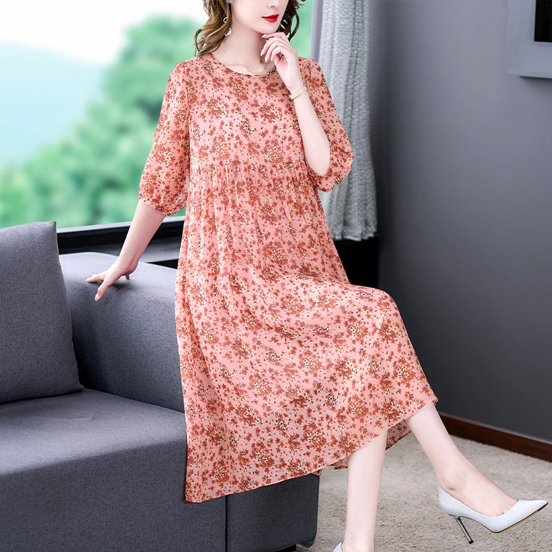 2024 Pink Floral Midi Dress Women Korean Fashion Light Loose Waist Prom Dress Summer Boho Elegant Casaul Party Evening Vestidos