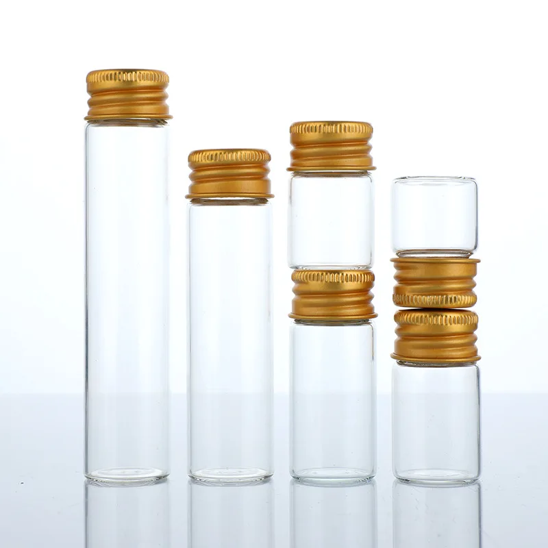 7-30ml Clear Glass Bottle With Aluminium Cap Gold Small Test Tube Candy Spices Storage Travel Empty Refillable Bottles