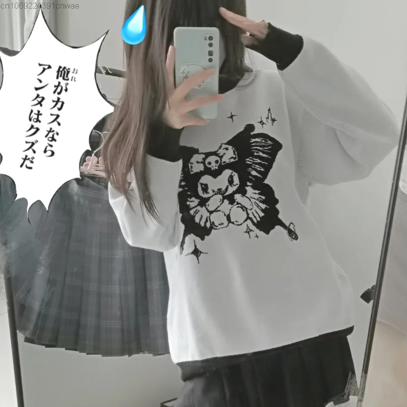 Sanrio Kuromi Long Sleeve Sweater Women Campus Style Fall Winter Pullover Knitted Top Y2k Girls Kawaii Anime Japanese Streetwear