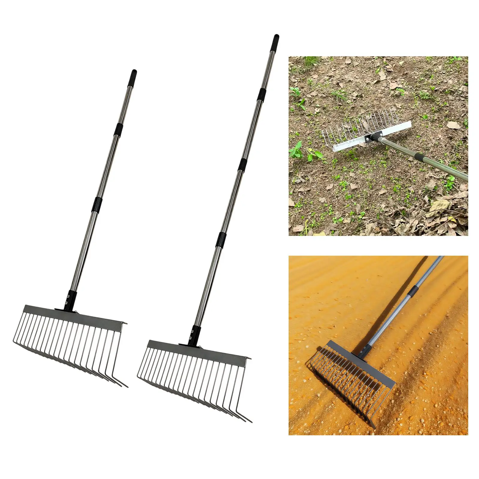 Heavy Duty Garden Thatch Rake Multifunctional, Metal Splicing Handle 40cm Wide L Shaped Tines
