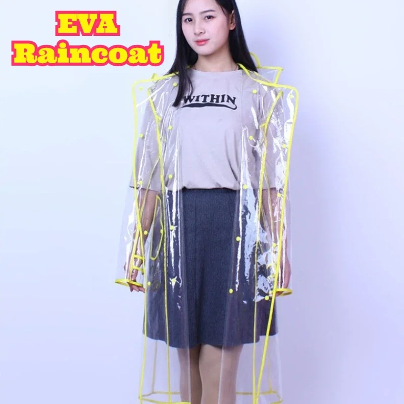 Transparent EVA Belted Long Raincoat Trim Hooded Unisex Waterproof Thickened Fashion Rainwear Cycling Hiking Travel Commute New