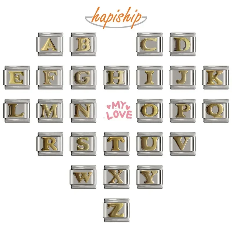 Hapiship New 2024 Fashion Women 26 Letters A-Z Italian Charm Links Fit 9mm Bracelet Stainless Steel Jewelry Making DJ110