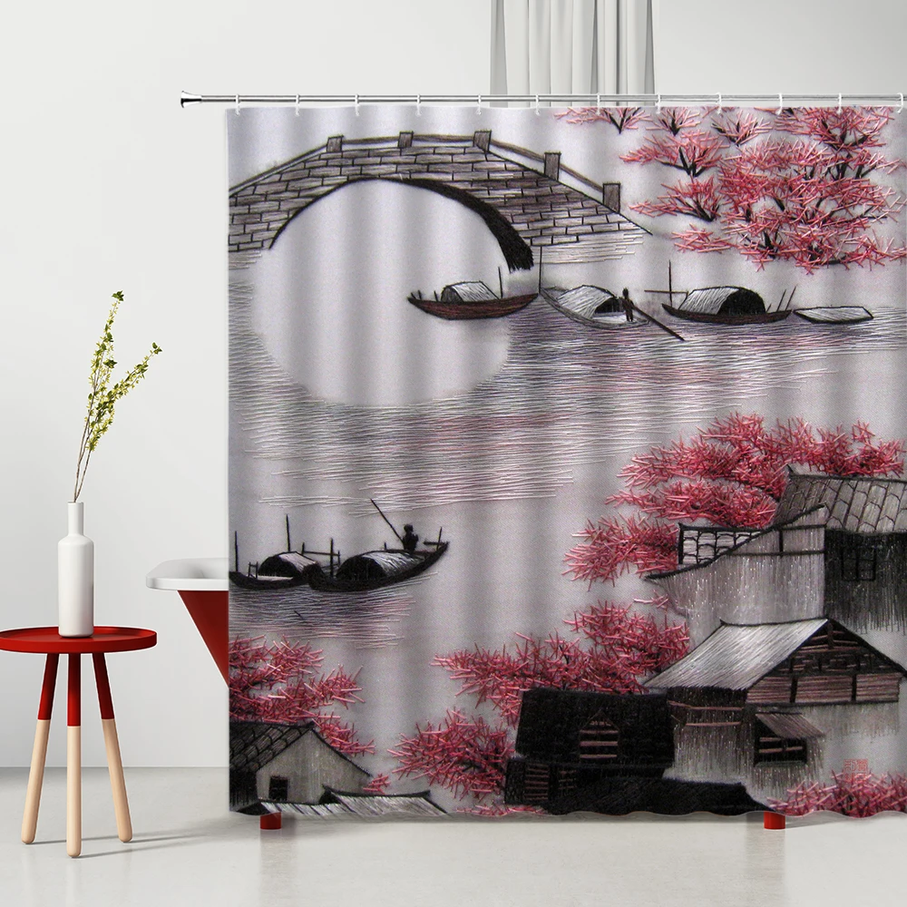 

3D Ink Painting Art Shower Curtain Classical Architecture Arch Bridge Flower and Bird Tree Bath Curtains Waterproof Polyester