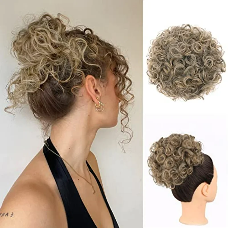 Bollos de pelo desordenados para mujer, moño rizado de onda grande con cordón, extensión de cola de caballo suelta Natural sintética corta