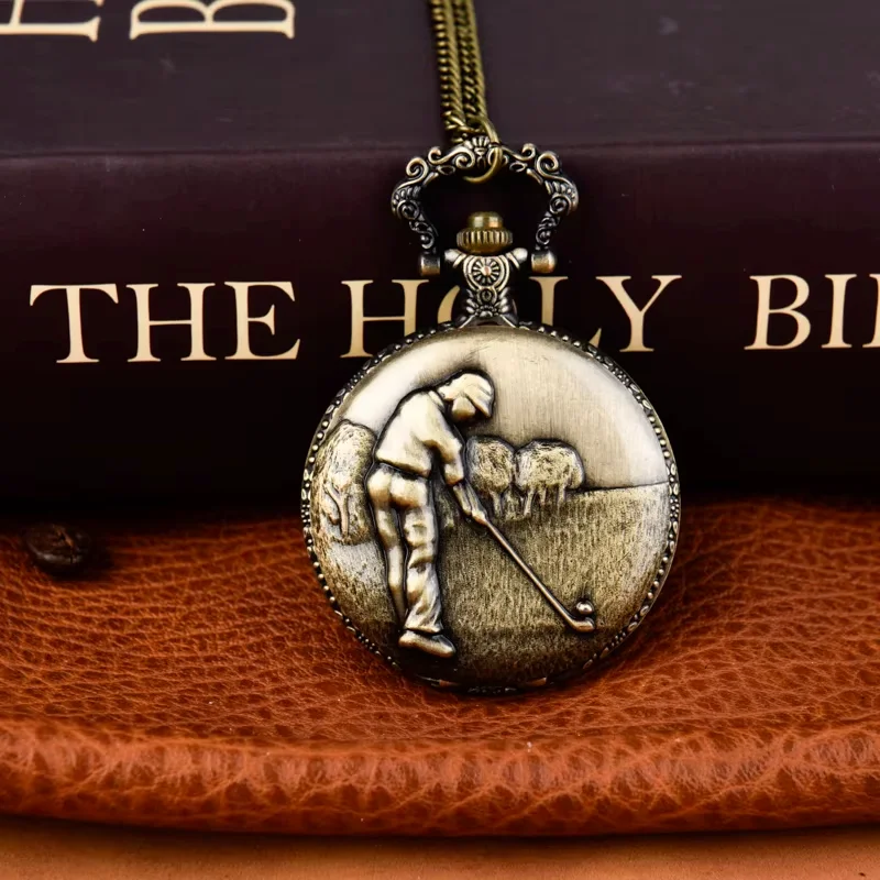 Quartz watch Large golf pattern pocket watch Alloy pocket watch Bronze clamshell necklace watch