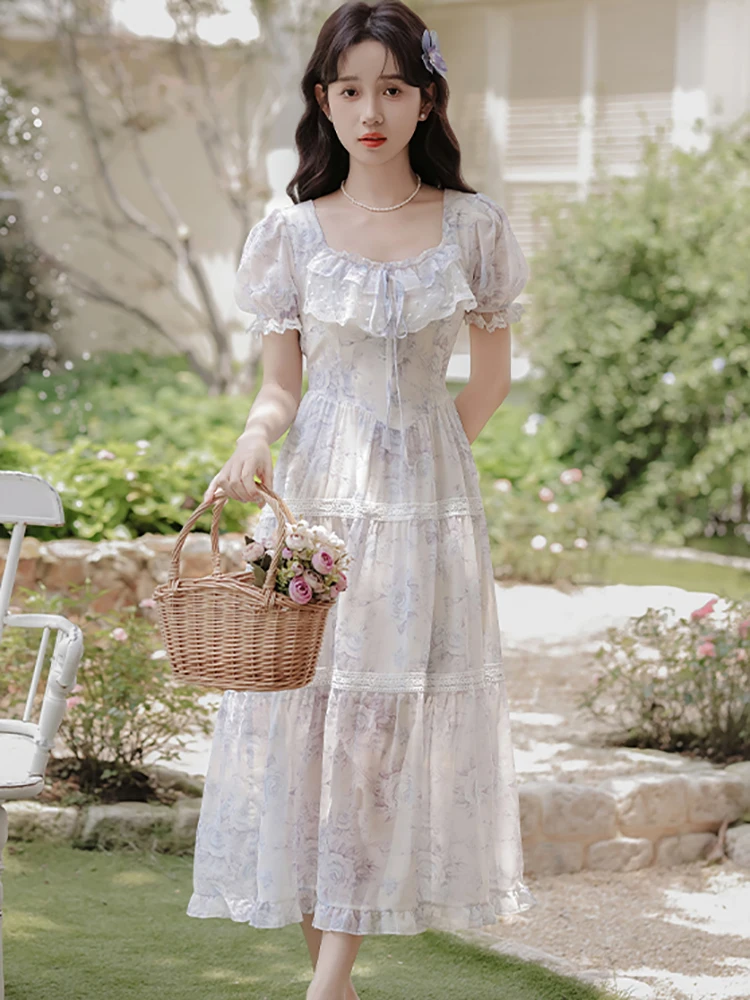 

Women Floral Chiffon Casual Holiday Dress Summer Puff Sleeve Bow Ruffled Square Collar Dress 2024 Korean Fashion Elegant Dresses