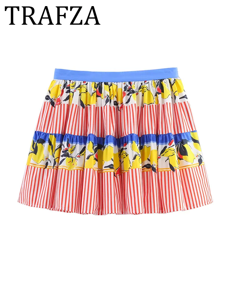 

TRAFZA New Lemon Print Mini Skirt Woman 2025 Fashion Mid-Rise Ruch Flared Skirt Summer Female Beach Holiday Short Skirt Y2k