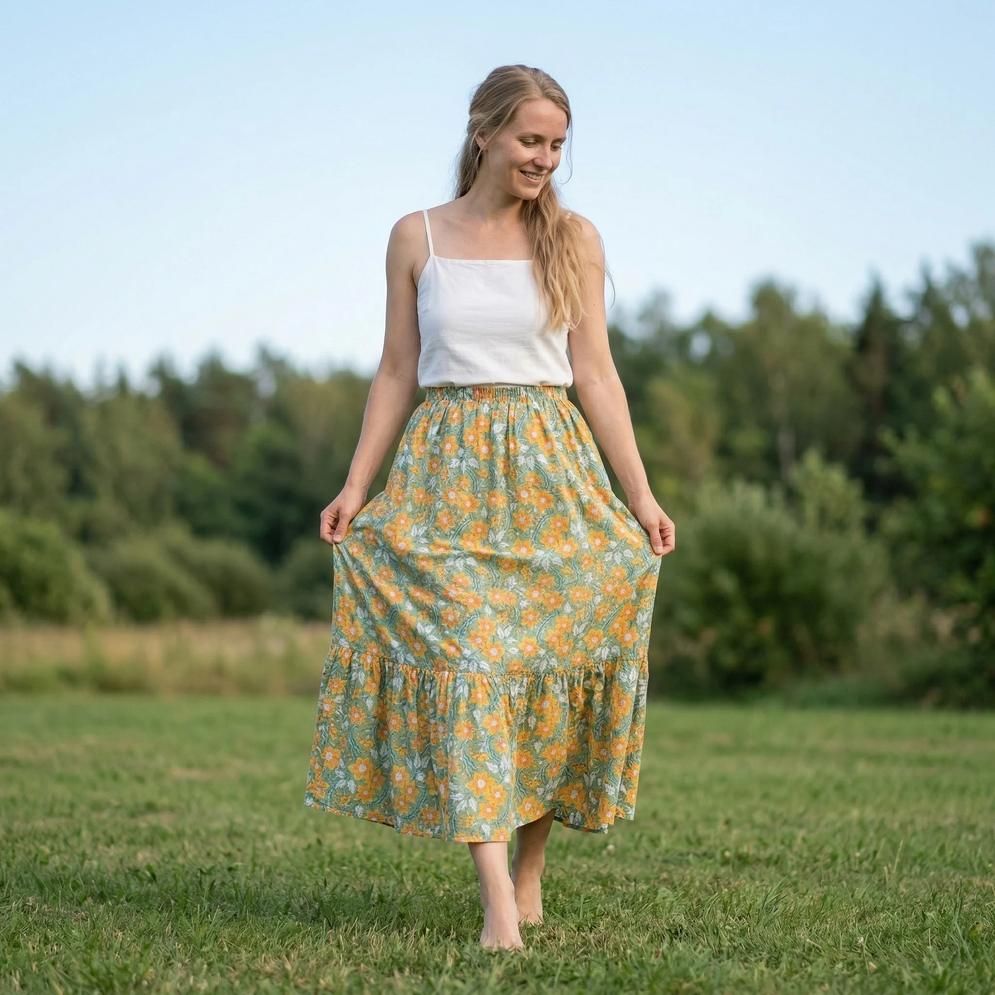 

Индийская аутентичная юбка-макси с ручной блочной печатью, 100% премиальный хлопок, дышащая, мягкая и экологически чистая, для женщин, летняя, пляжная, в стиле бохо.