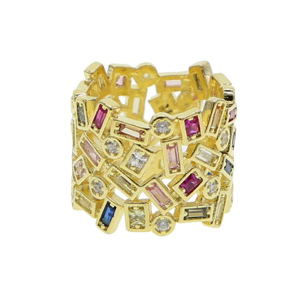 Anillos de dedo de cara ancha de circonia cúbica multiforma geométrica para mujer ajuste de bisel piedra colorida Color chapado en oro para fiesta