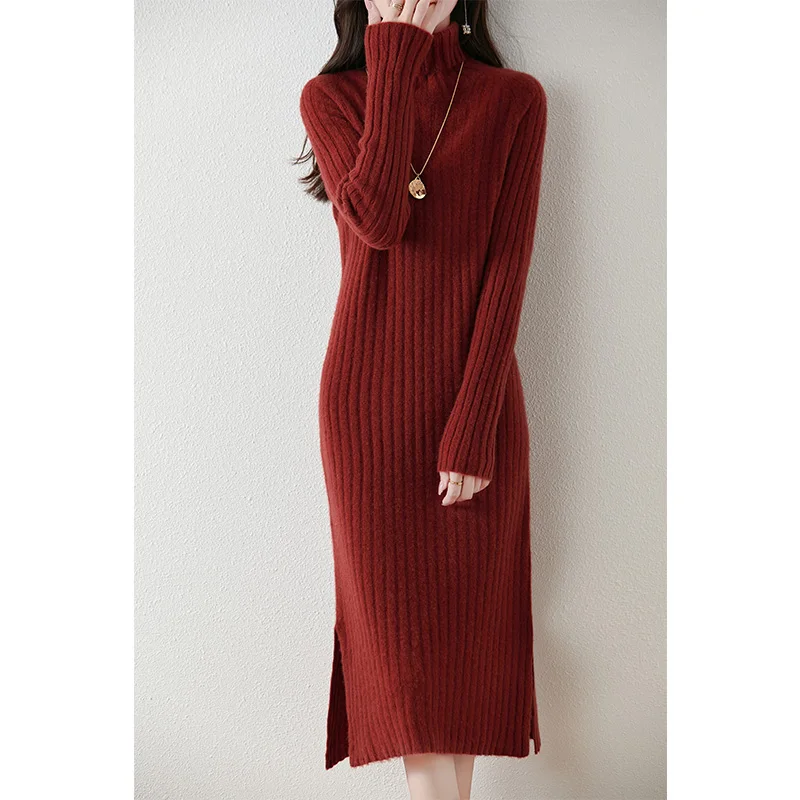 100% merino wool women's knitted dress, casual, fashionable, warm, high collar, 2024 autumn and winter new style