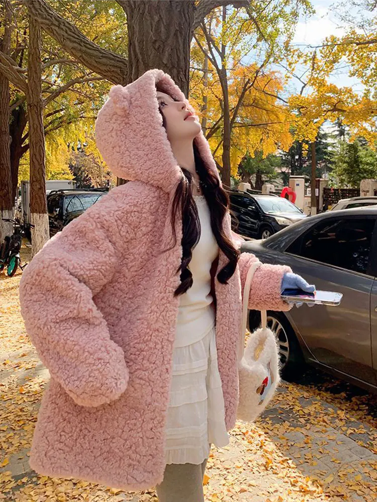 Pink Hooded Faux Lambhair Winter Jacket Women's New Style Fashion Loose And Thick Warm Women Coat Casual Cute Mid-length Jacket