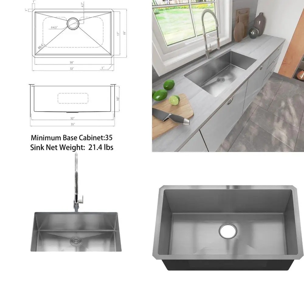 

Кухонная мойка с нижним креплением, 32 x 19 x 10 дюймов, из нержавеющей стали 304, толщина 16 калибра, сатинированная отделка