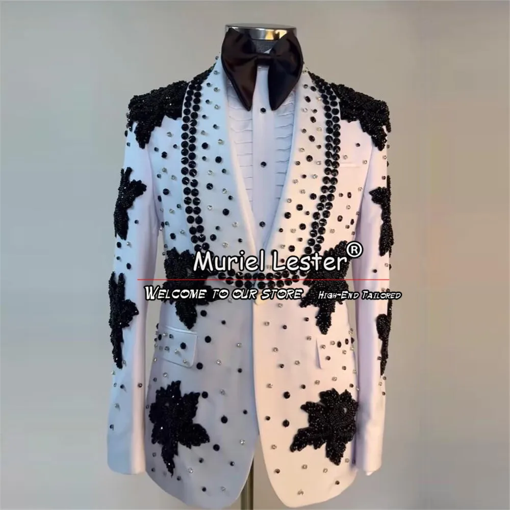 

White Men Suits Luxury Metal Embellished Lace Groom Wedding Tuxedos 3 Pieces Sets Dinner Prom Blazers Terno Masculino Completo