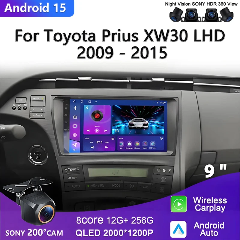 

9-дюймовый автомобильный радиоприемник Android 14 Carplay для Toyota Prius XW30 LHD 2009-2015, сенсорный экран, GPS-навигация, стерео головное устройство HDR