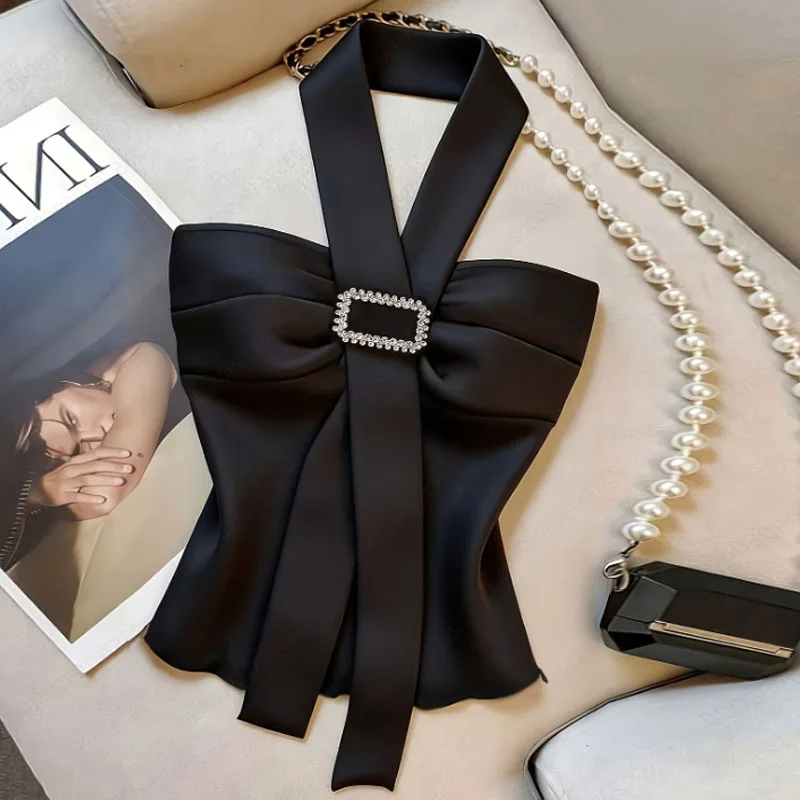 

Fashion Summer Sleeveless Halter Women Blouse Shirt Elegant Slim Black Blouse Shirt Women Tops Camisas De Mujer Blouses Q3829